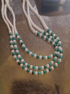 Multi-Strand Malachite and White Pearl Beaded Stones. Women’s Necklace